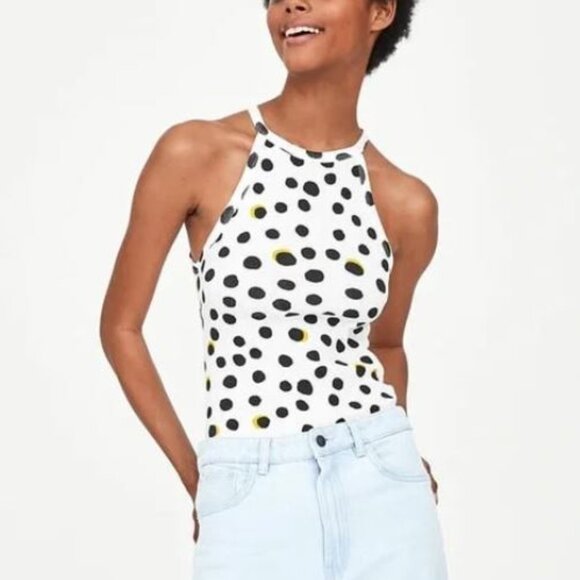 Zara Black and White Polka Dot Ribbed Sleeveless Halter Bodysuit - Size S - Picture 1 of 6